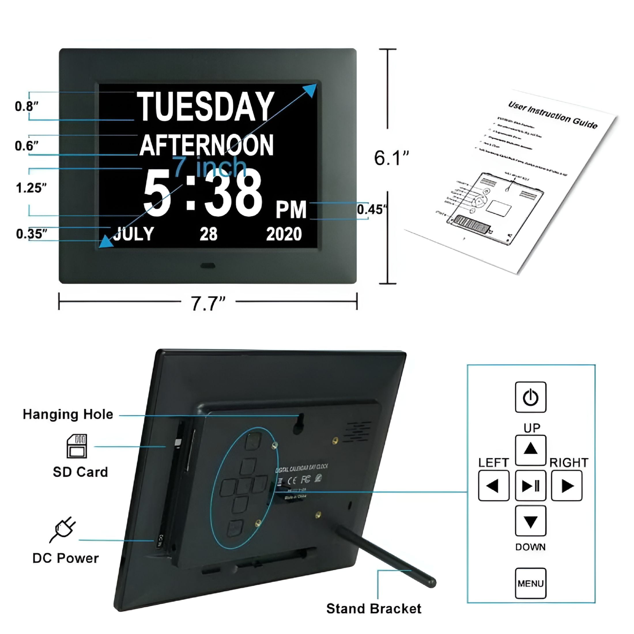 DESIGNICE 2026 New Clock Digital Clock with Extra Large Unabbreviated Day Calendar Day Date Time Clocks for Elderly Visually Impaired Memory Loss + 8 Alarm Reminders-7 Inch Black