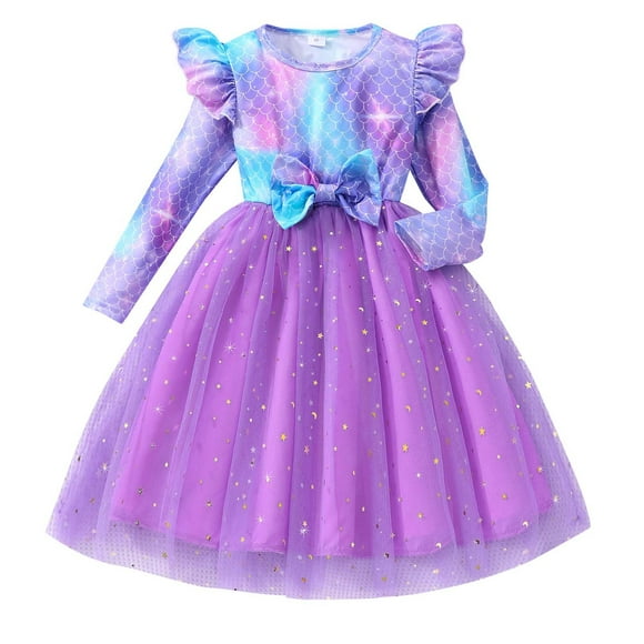 Dresses for Girls Baby Summer Long Sleeve Ruffles Crew Neck Tutu Mesh Bow Scale Print Colorful Girl Sundress Kid 2-3 T