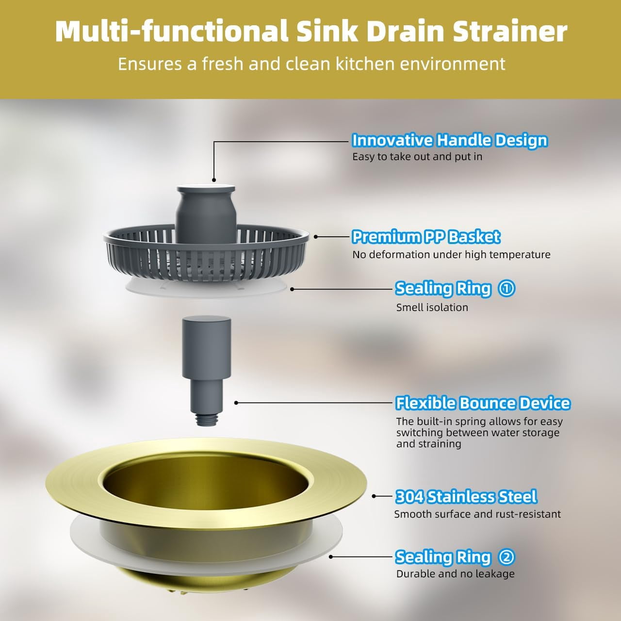 Upgraded 3 in 1 Kitchen Sink Drain Strainer and Stopper Combo, Stainless Steel Metal Pop Up Sink Stopper, 3 Anti-Clogging Basket Strainers for US Standard 3-1/2 Inch Drain, Brushed Gold