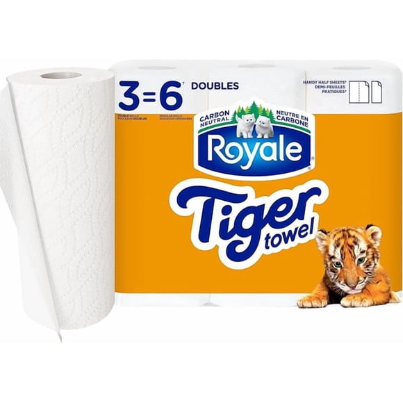 Royale Tiger Strong Essuie-Tout, 3 Doubles Égale 6 Rouleaux, 98 Demi-Feuilles par Rouleau, Blanc