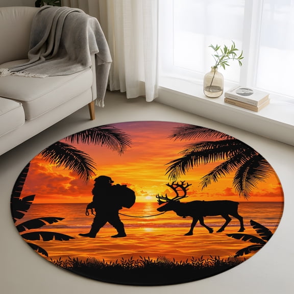 Tropical Sunset 3ft Area Rug, Christmas Santa Claus Deer Coastal Leaves Washable Non-Slip Small Round Rugs for Entryway Bedroom Kitchen, Soft Circle Carpet for Dining Room, Playroom Nursery Rug