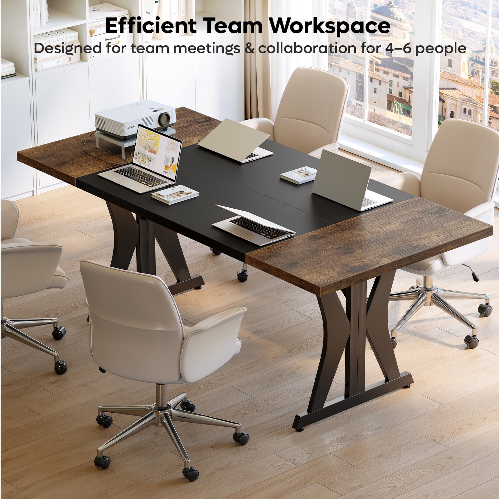 Bestier 70 Inch Large Computer Desk, Modern Two-Tone Executive Office Desk with Sturdy K-Shaped Metal Frame, Industrial Home Office Writing Desk for Gaming, Studying, and Working, Rustic Brown