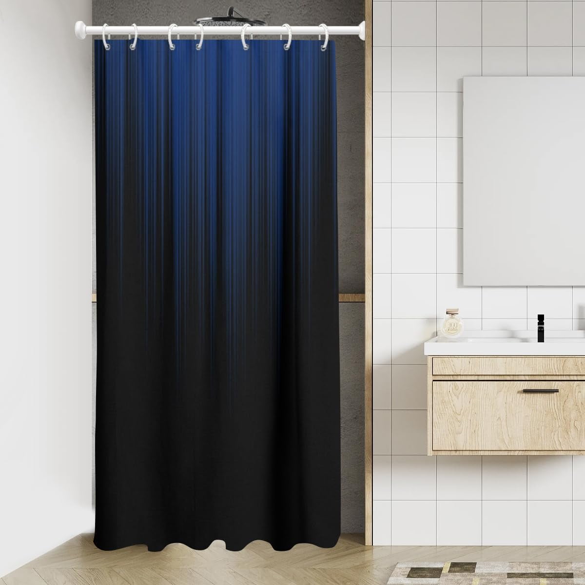 Blue and Black Shower Curtain Abstract Ombre Mens Royal Navy Stall Small Single Walk in Half Size Dorm Standing Narrow Stand Up RV Home Bathroom Decor Bathtub Set with 7 Hooks, 36x72, Modern