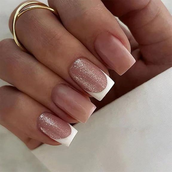 Chrome Press on Nails Medium Square Fake Nails Full Cover Blue White Pink Gradient Flash False Nails with Designs Glossy Glue on Nails Acrylic Nails Artificial Nails for Women Girls 24Pcs Style1