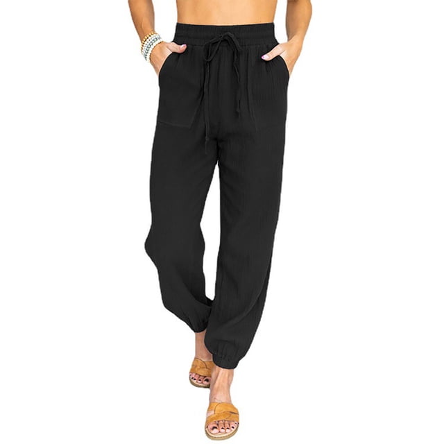 DPTALR Women Casual Solid Cotton Linen Drawstring Elastic Waist Calf-Length Pants