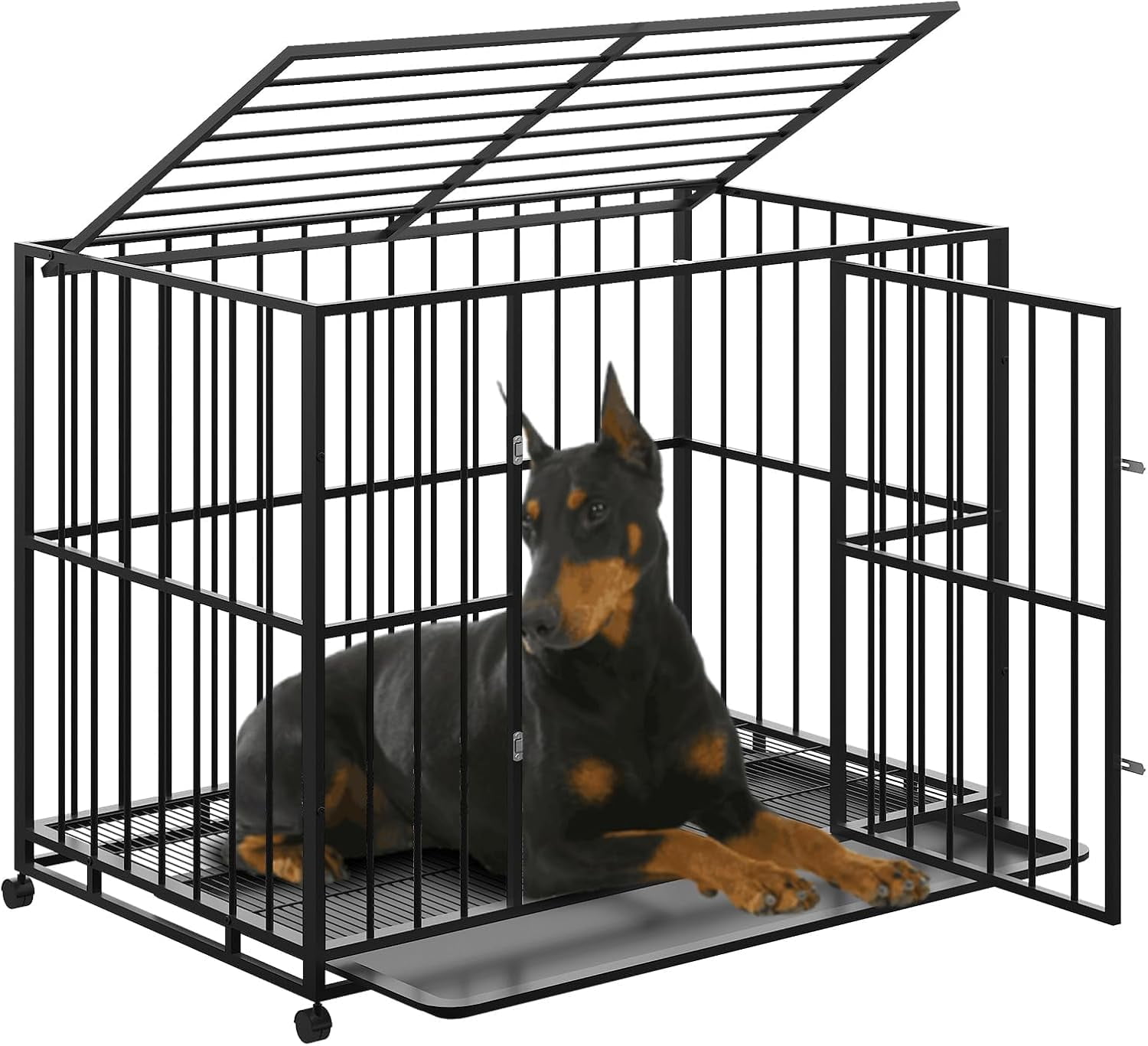 Historyli Indestructible Stainless Steel Dog Crate-48 Inch for Large Breeds-Escape-Proof,Chew-Resistant Kennel,Locking Wheels,Removable Tray,Collapsible,Indoor/Outdoor,Easy Clean
