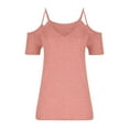 thumbnail image 6 of Women's Summer Short Sleeves Tops Cold Shoulder V Neck Shirts Polyester Casual Hollow-out Strappy Plain Tees (Large, Pink), 6 of 7