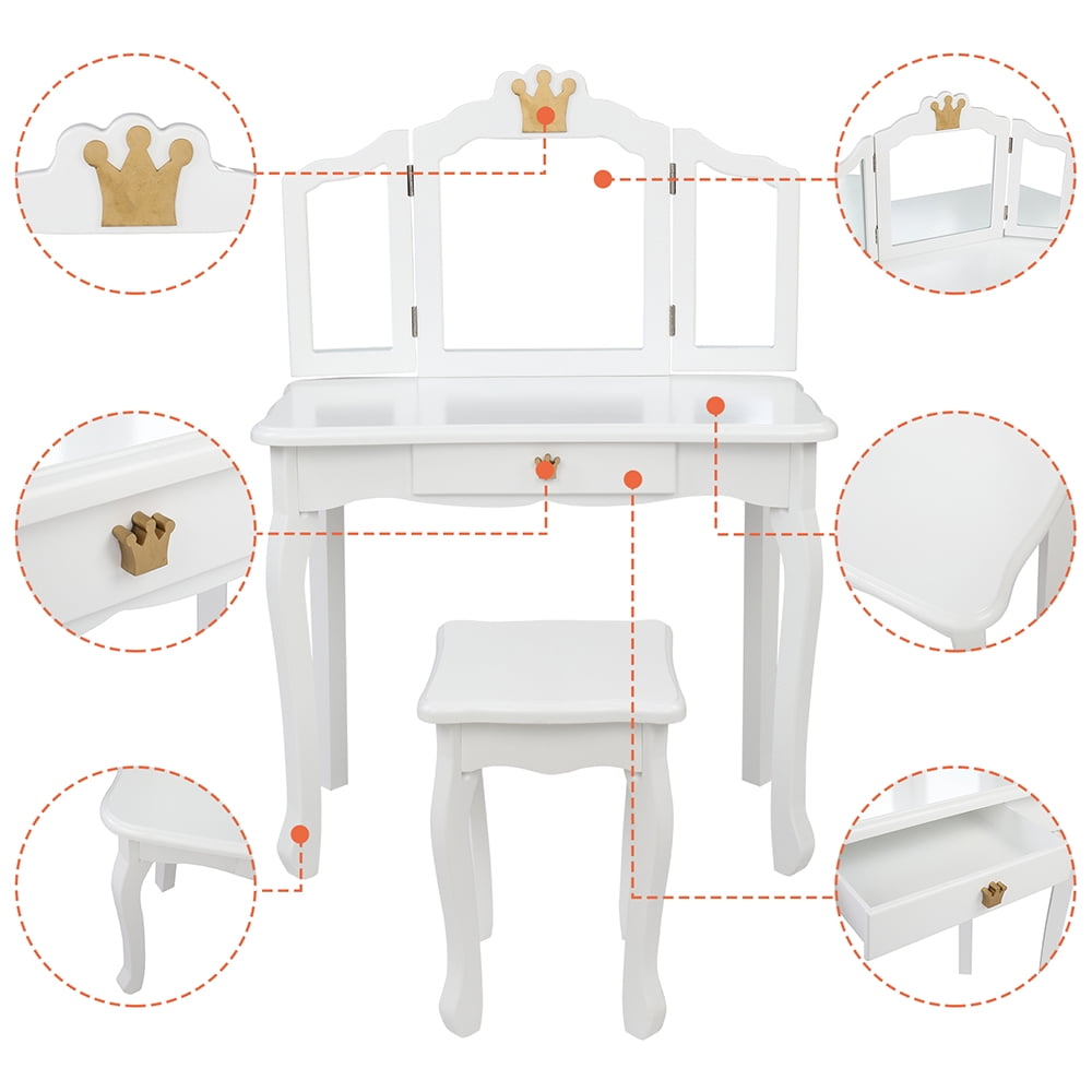 Kepooman Modern Kids Wooden Vanity Table Set with Tri-Fold Mirror & Chair, Child' s Princess Dressing Table & Stool Set, White Kepooman Modern Kids Wooden Vanity Table Set with Tri-Fold Mirror & Chair, Child' s Princess Dressing Table & Stool Set, White