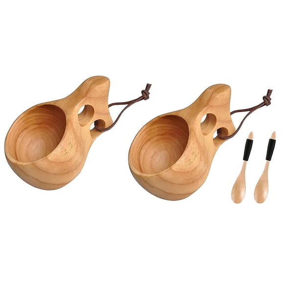 2Pack Nordic Style Wooden Cup Kuksa Portable Outdoor Camping Drinking Mug Coffee with Spoon