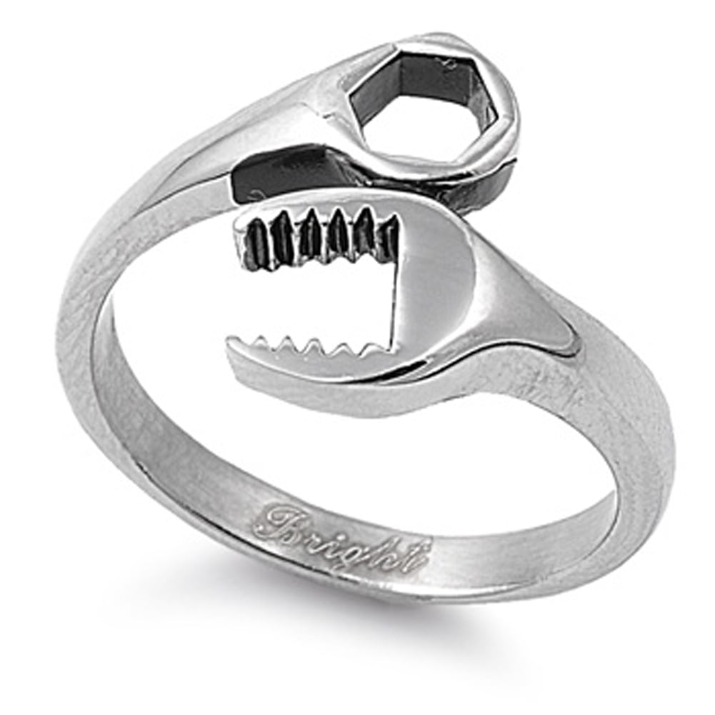 Mens Biker Motorcycle Mechanic Wrench Tool Ring Band High Polish Stainless Steel 