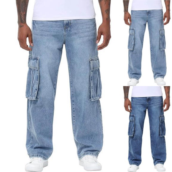 LODIENY Men's Stretch Loose Fit Wide-Leg Baggy Cargo Jeans Heavyweight Basic Fit Washed Denim Pants with Multi Pockets Light Blue M