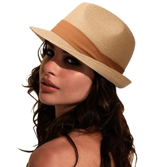 DRESHOW Sombrero panamá de paja para mujer, sombrero de viaje Fedora para playa, sombrero para el sol, sombrero enrollable de paja de ala ancha UPF 50+