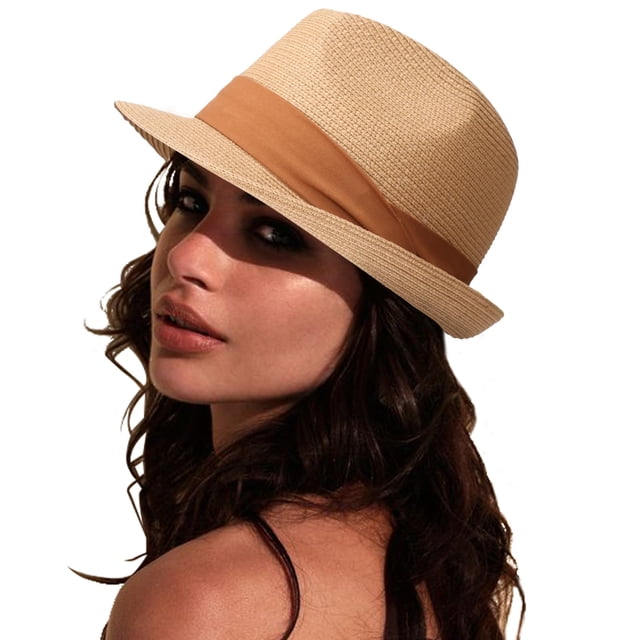DRESHOW Sombrero panamá de paja para mujer, sombrero de viaje Fedora para playa, sombrero para el sol, sombrero enrollable de paja de ala ancha UPF 50+