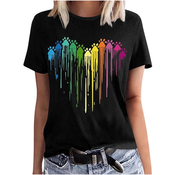 Camisetas de Manga Corta para las Mujeres Impresas Cuello Redondo Casual Camiseta, 95% Poliéster 5% Spandex Vintage Ligero Top para Diario, Fiesta Y Primavera