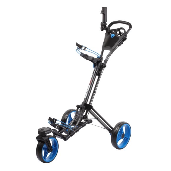 Qwik-Fold 360 Swivel 3 Wheel Push Pull Golf CART - 360* Rotating Front Wheel - ONE Second to Open & Close! (Charcoal/Blue)
