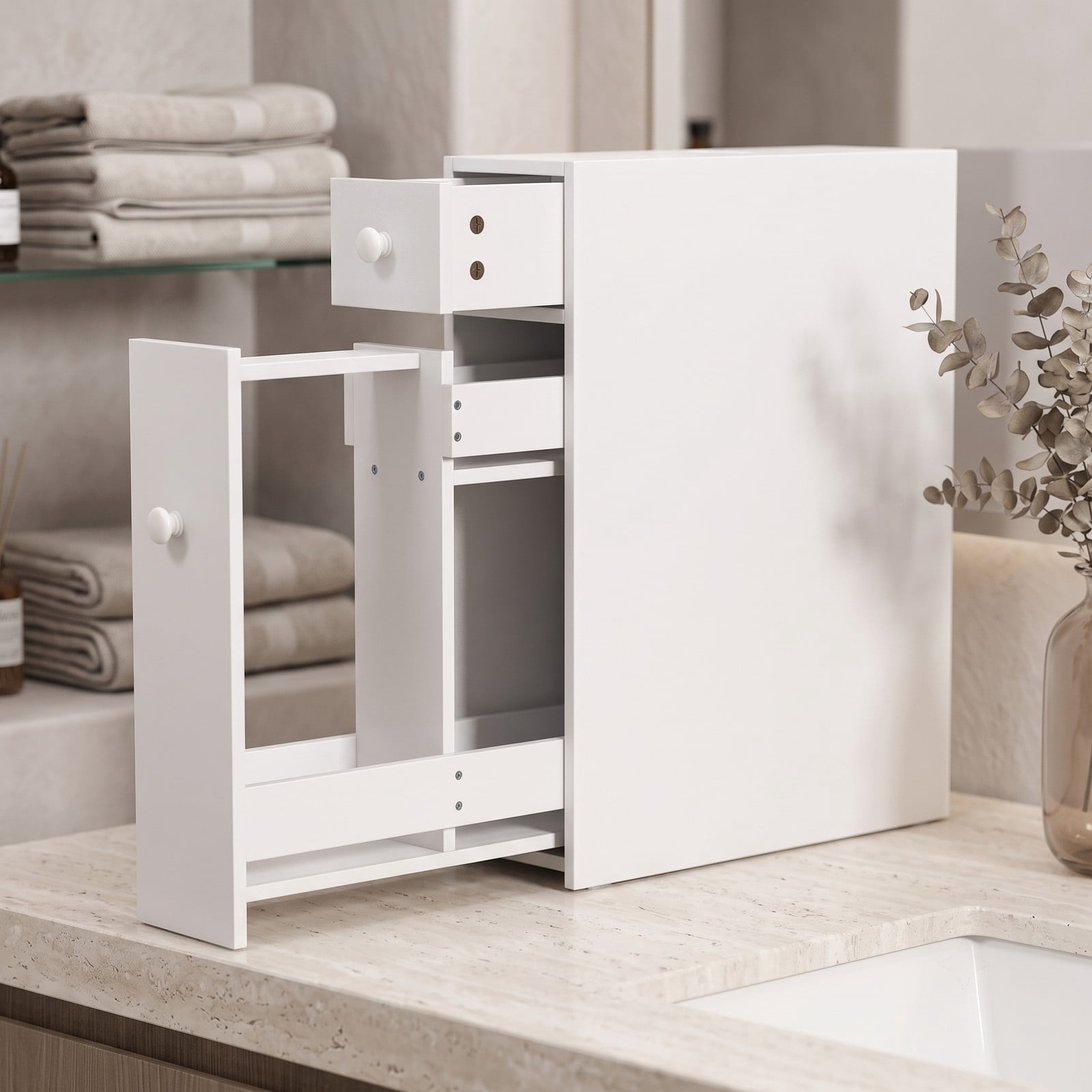 Fenbeli Slim Bathroom Floor Cabinet, Freestanding Slide-Out Space Saver Storage Organizer with Door, Narrow MDF Side Cabinet for Bathroom Living Room Kitchen, White