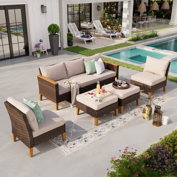 Sophia & William 7 Piece Outdoor Wicker Patio Conversation Sofa Set Outdoor Sectionals