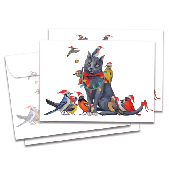 Tree-Free Greetings Christmas Greeting Card 2 Pack, 100% Recycled Paper, 5x7, Cat Bird Christmas (GT64249)