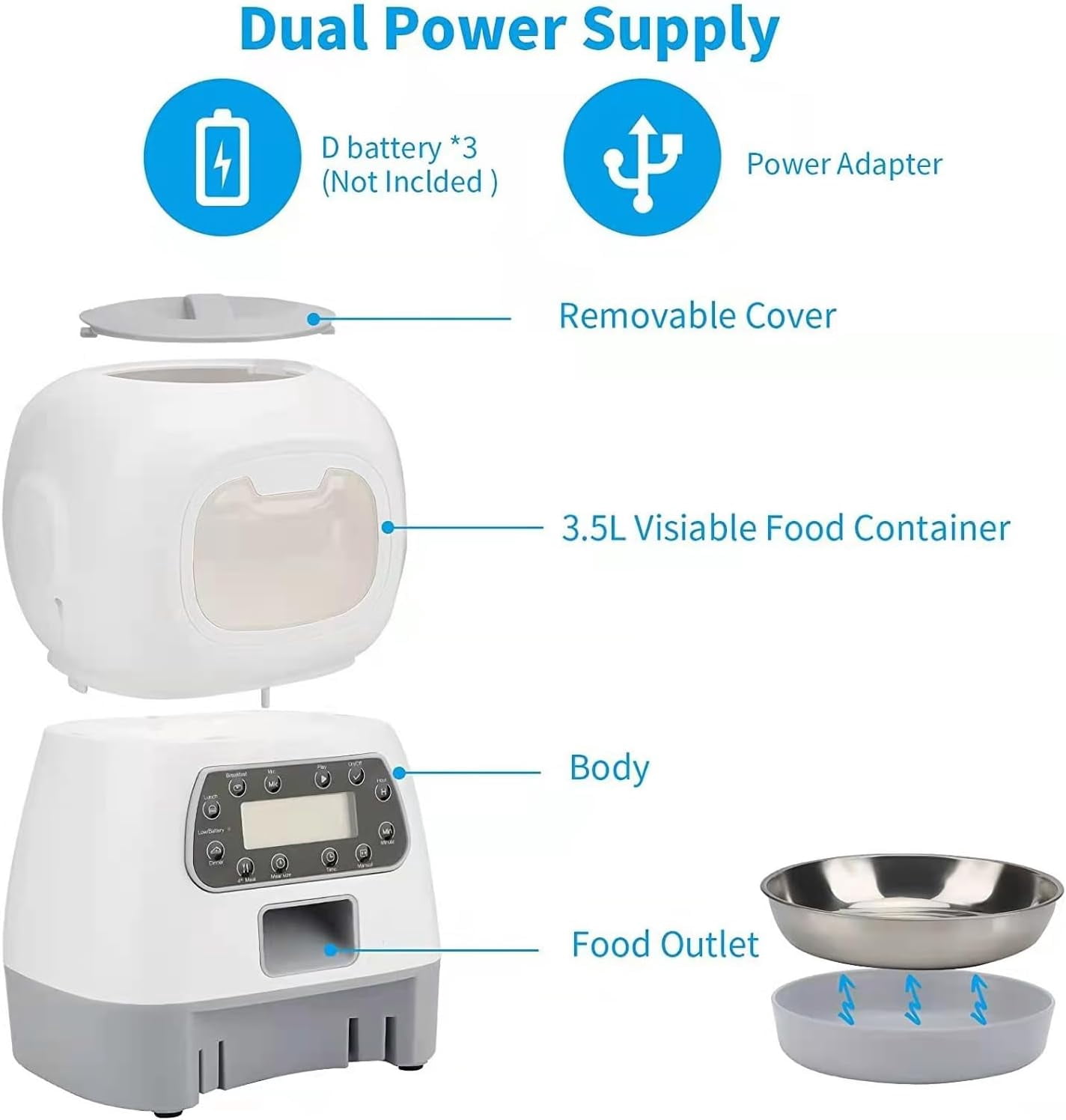 Automatic Cat Feeders, 3.5L Timed Dog Feeder 4 Meals Daily with Portion Control, Automatic Pet Feeders with Timer for Small Medium Dog & Cat, Auto Dry Cat Food Dispenser with Dual Power Supply