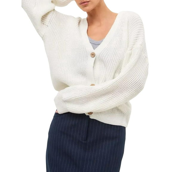 Women'S Chunky Knit Cardigan Sweater V-Neck Long Sleeve Button Casual Loose Cropped Cardigan Coat White L