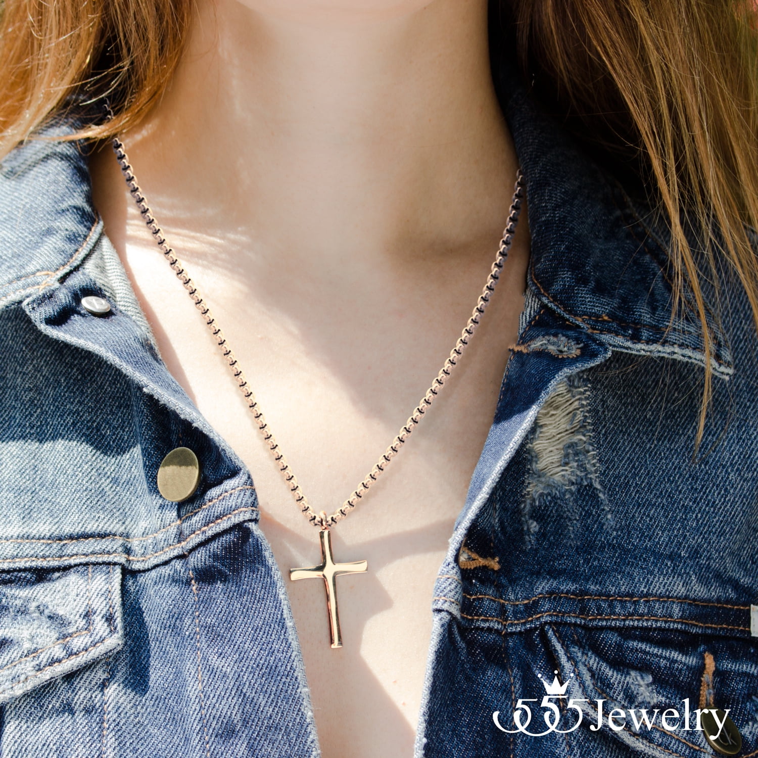 555Jewelery Stainless Steel Metal Cross Unisex Adjustable Rolo Chain Religious Christian Pendant Necklace, Pink Rose Gold 16 inch