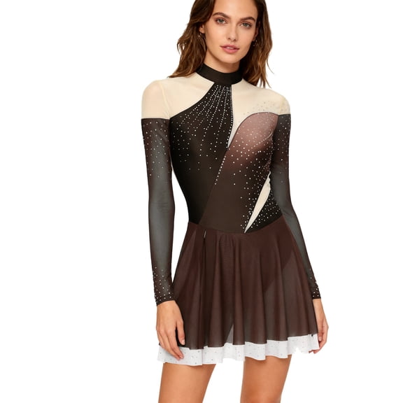 SiiRoh Women's Sparkly Rhinestone Figure Skating Dress Long Sleeve Keyhole Back Lyrical Dance Dress Umber XXL