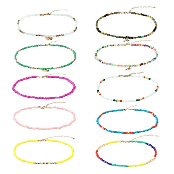 10 PCS Colorful Handmade Boho Necklaces, Adjustable Beaded Choker Necklaces for Women, Necklaces with Butterfly and Starfish Summer Beach Bead Choker, Cute Beaded Necklace Gift