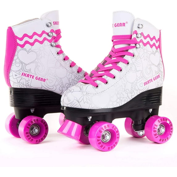 Skate Gear Retro Quad Roller Skates, Holiday Gift for Girls (Graphic White/Pink, Youth 2)