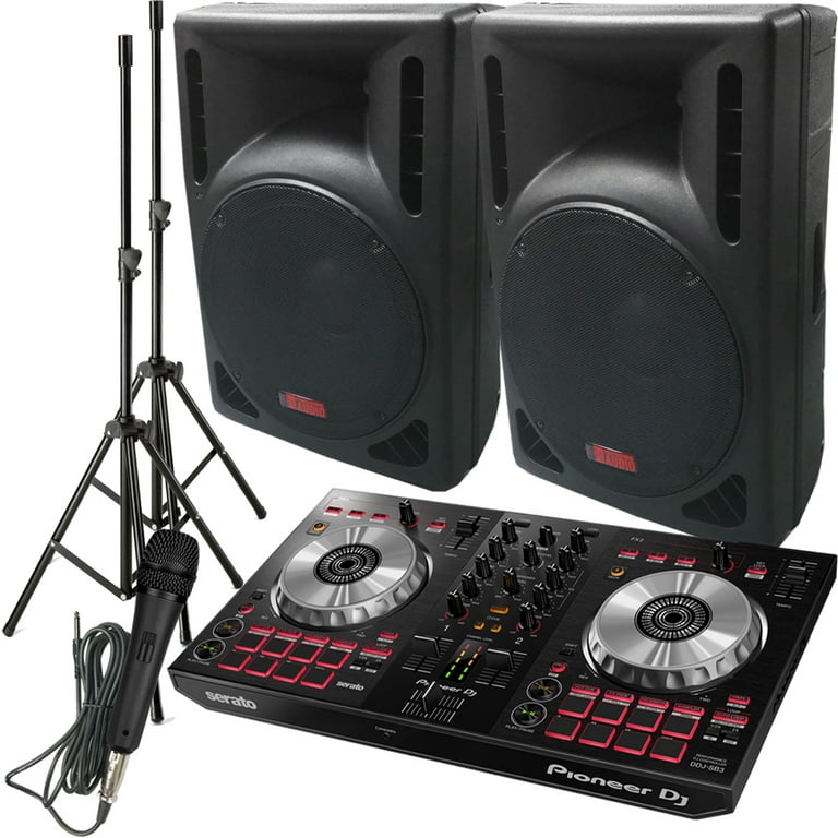 DJ System - Pioneer DJ Controller DDJ-SB3 - Serato DJ Lite Software - 2400  Watts of Powered DJ Speakers w/Stands and Mic