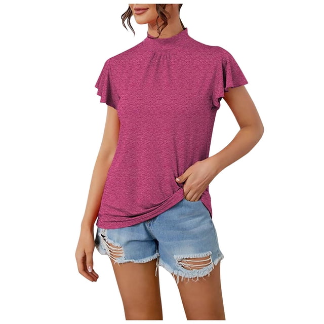 AherBiu Plus Size Tops for Women Summer Casaul Trendy Ruffle Sleeve Tops High Neck Loose Comfy Shirts