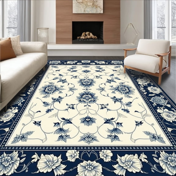 ODIKA 4'x6' Machine Washable Non-Slip Area Rug, Navy with Floral Art High Traffic Rug, White, 82192