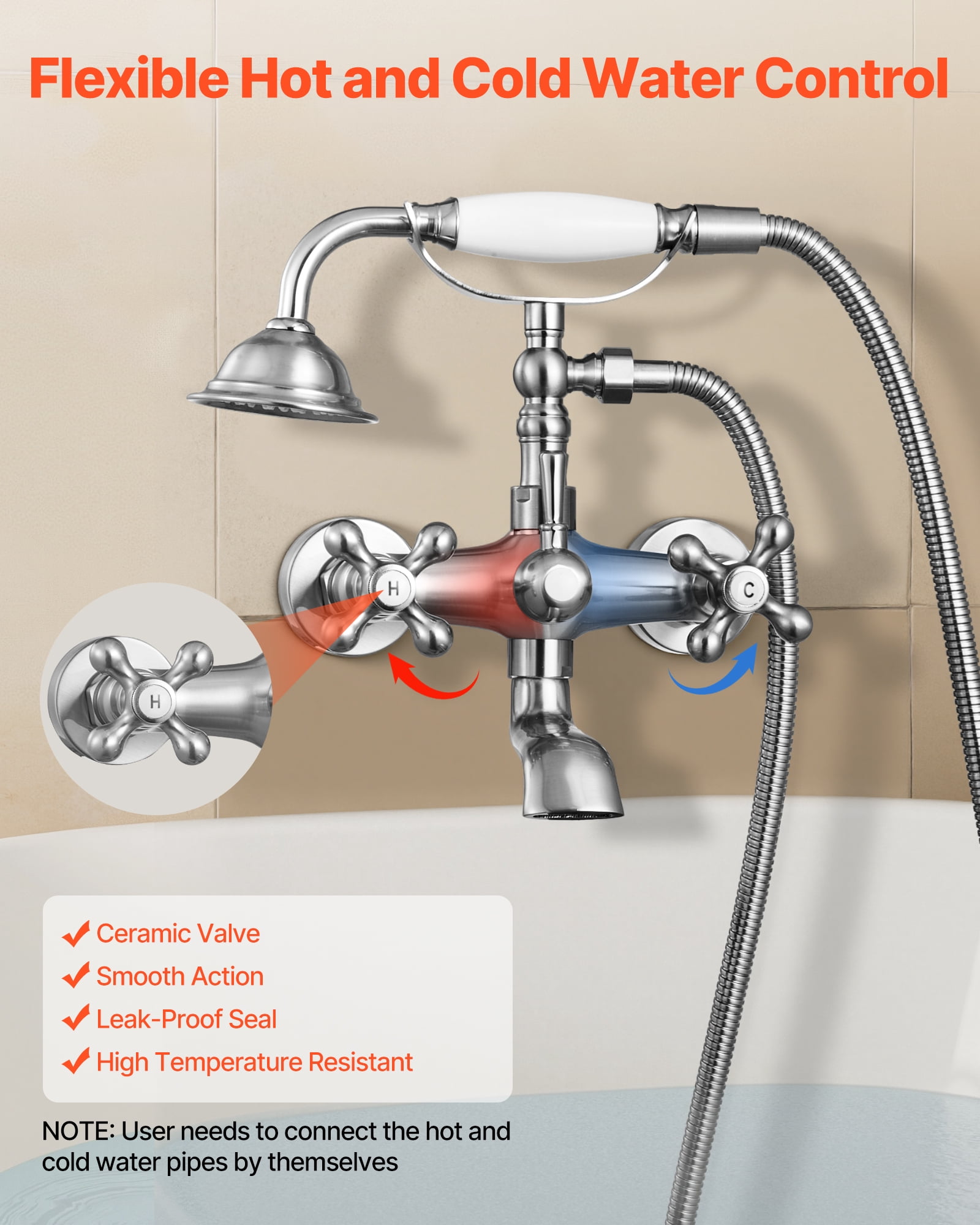 VEVOR Clawfoot Tub Faucet, Wall Mount Bathtub Faucets with Handheld Shower, Vintage Brushed Nickel Clawfoot Tub Filler Faucet Shower Kit with Adjustable Swing Arms & 360° Rotation Spout for Bathtubs