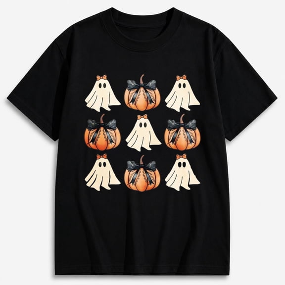 Women's Ghost and Pumpkin Pattern Halloween Shirt, Cute Spooky Graphic Short Sleeve T-Shirt