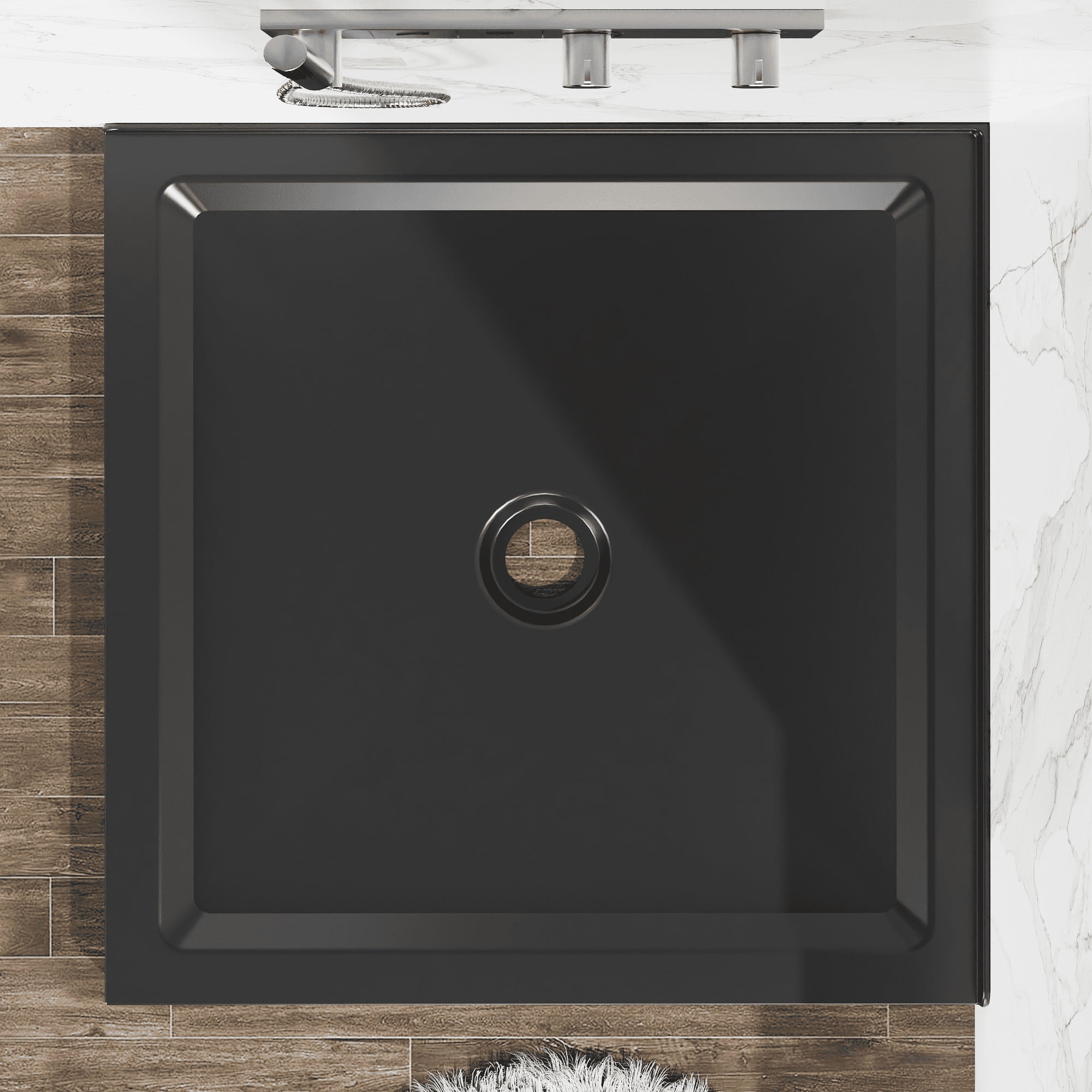 36"x36" Shower Base，3.3" Height，Anti-slip Acrylic Center Drain Double Threshold Shower Basin，Black