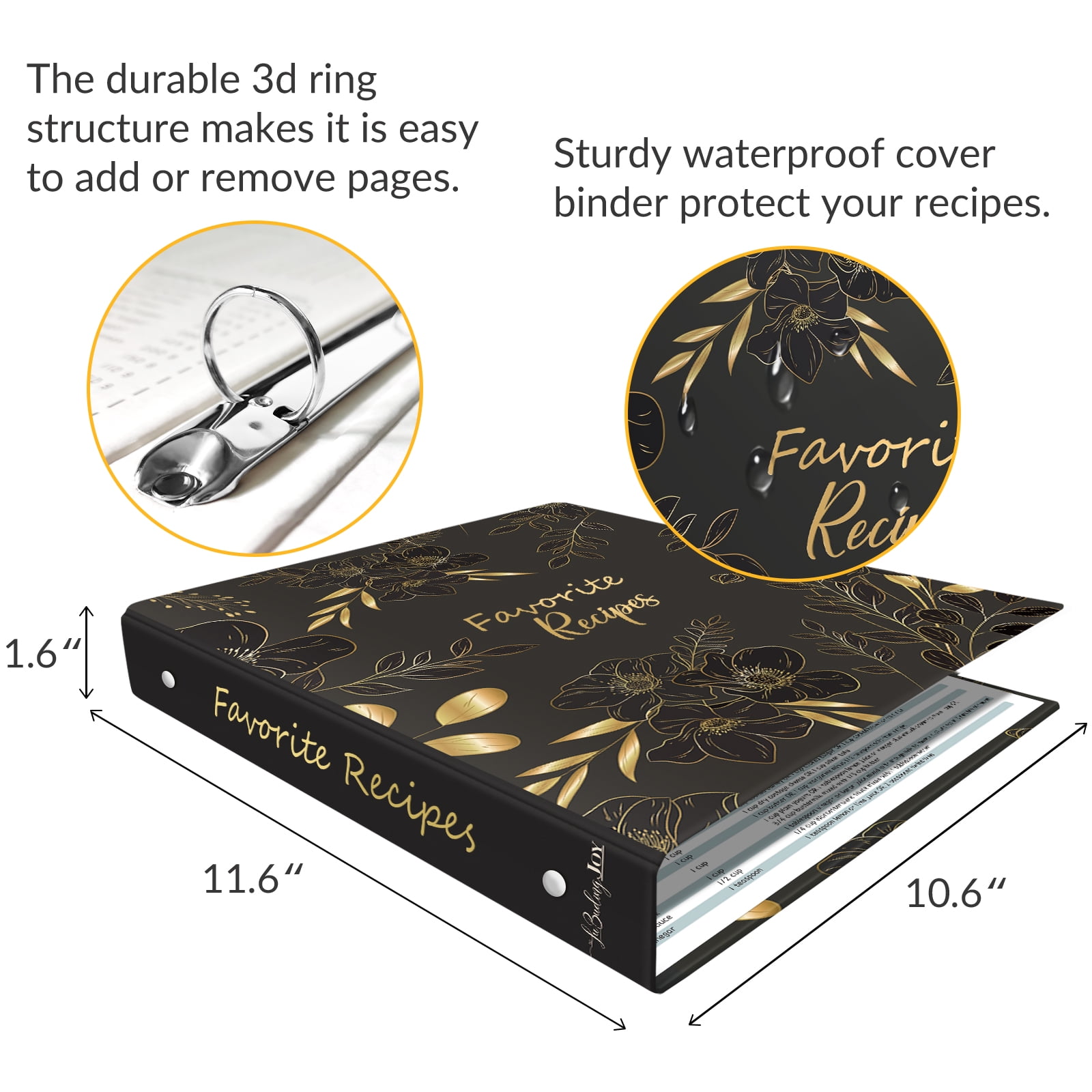 Recipe Binder 8.5x11 3 Ring with Plastic Sleeves & 30 Blank Full-Page Recipe Cards, Cookbook Binder to Write in Your Own Recipes (Black Floral)