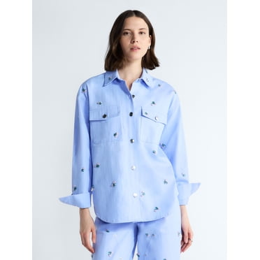 Free Assembly Women's and Women's Plus Embellished Cotton Utility Shirt with Long Sleeves, Sizes XS-4X