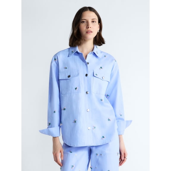 Free Assembly Women's and Women's Plus Embellished Cotton Utility Shirt with Long Sleeves, Sizes XS-4X