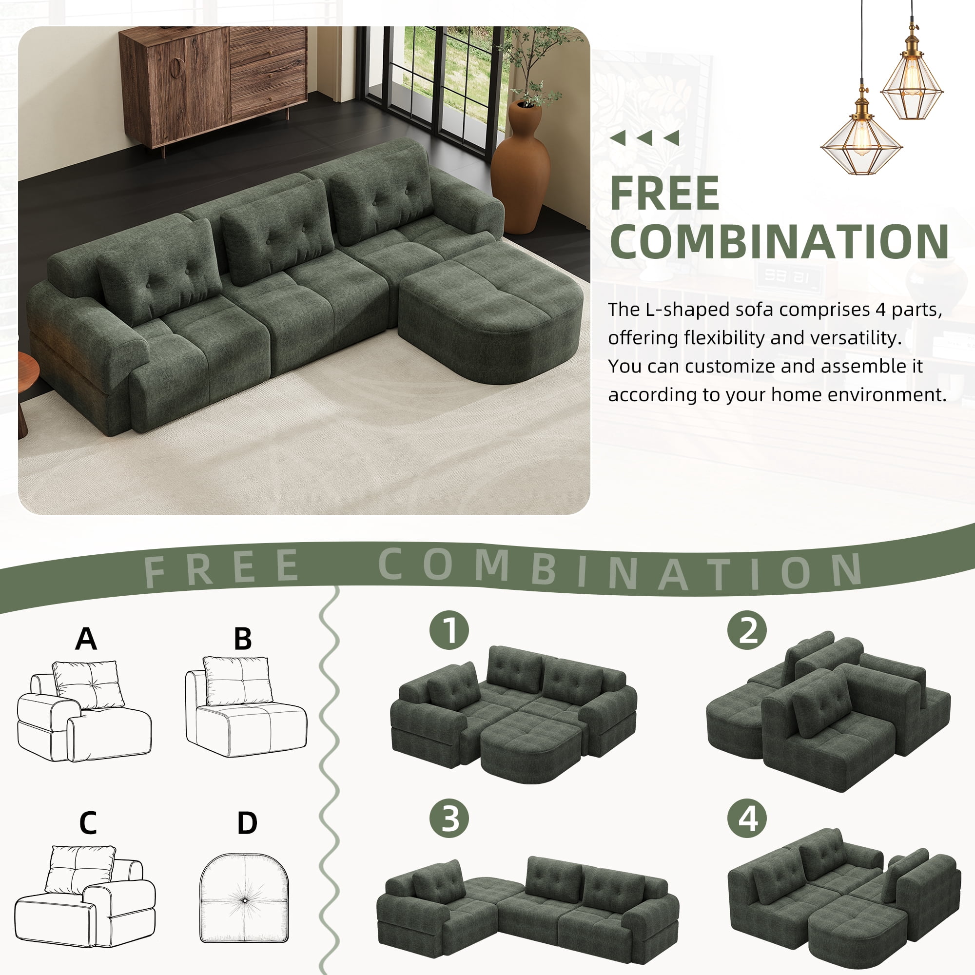 Modular Sectional Sofa with Chaise and Full-Foam Structure, 112-Inch Oversized Couch with Woven Texture Upholstery for Living Room, Blackish Green