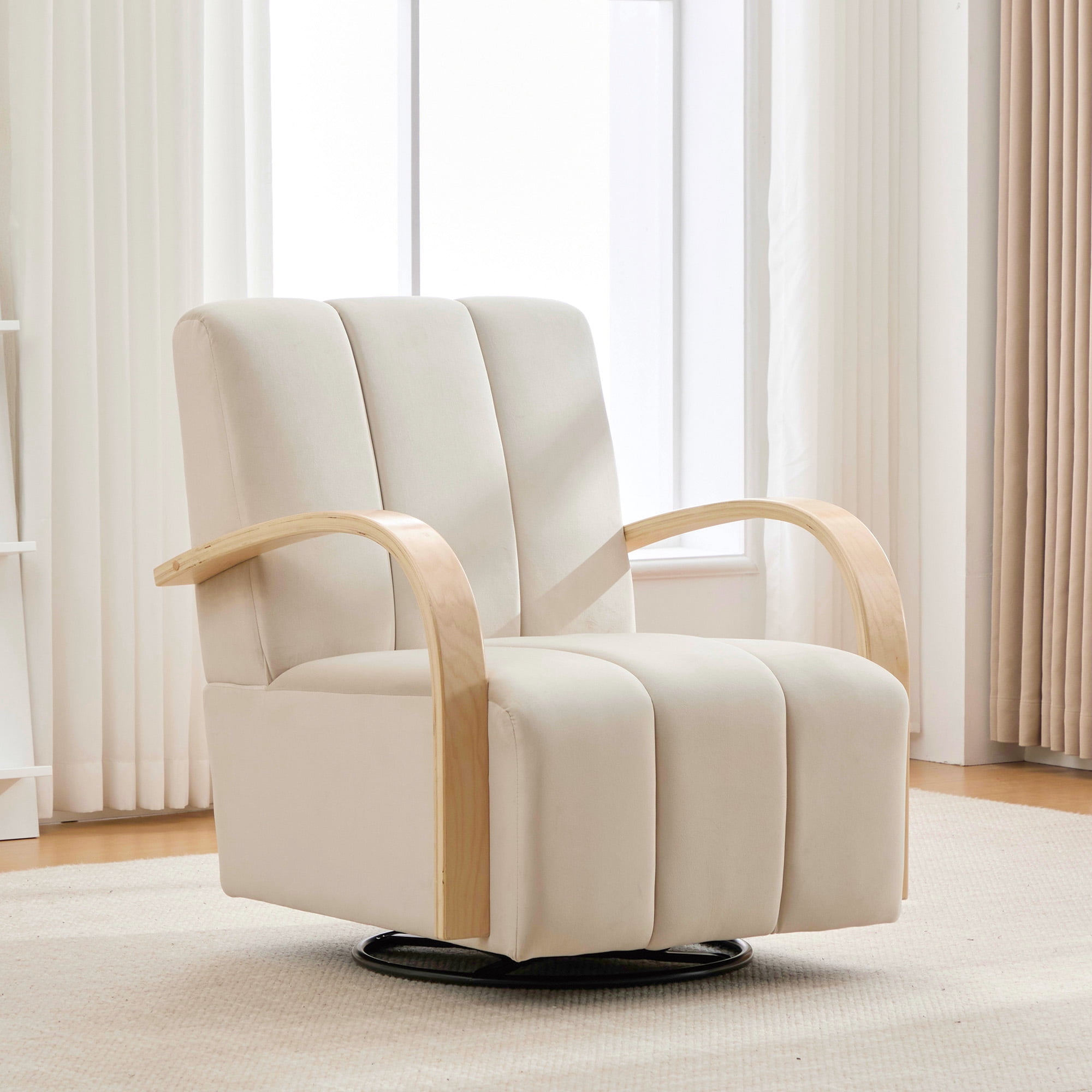 360-Degree Swivel Accent Chair with Solid Wood Armrests and Channel Tufted Backrest, Upholstered Lounge Reading Chair and Vanity Seat for Living Room, Beige