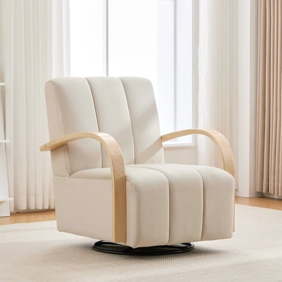 NEW 30.3"W Modern Upholstered 360° Swivel Accent Chair with Solid Wood Armrests and Comfy Channel Tufted Lounge Reading Chair, Single Sofa Armchair for Bedroom Living Room Office and Bedroom. Beige