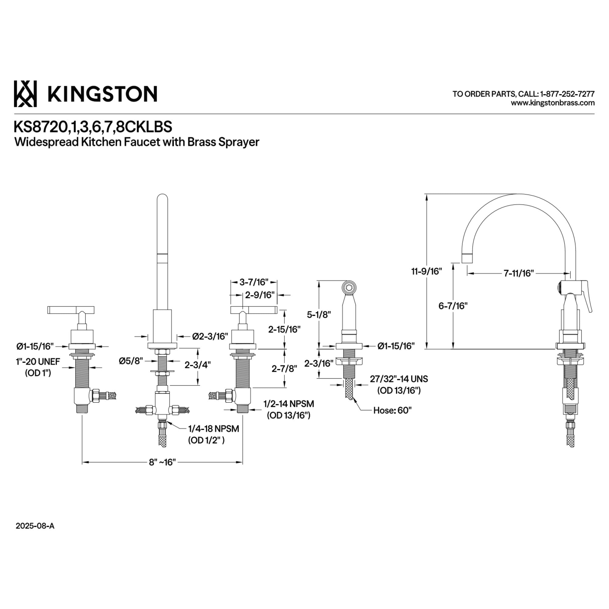 Kingston Brass KS8728CKLBS Kaiser Double-Handle 4-Hole Widespread Kitchen Faucet with Brass Sprayer in Brushed Nickel