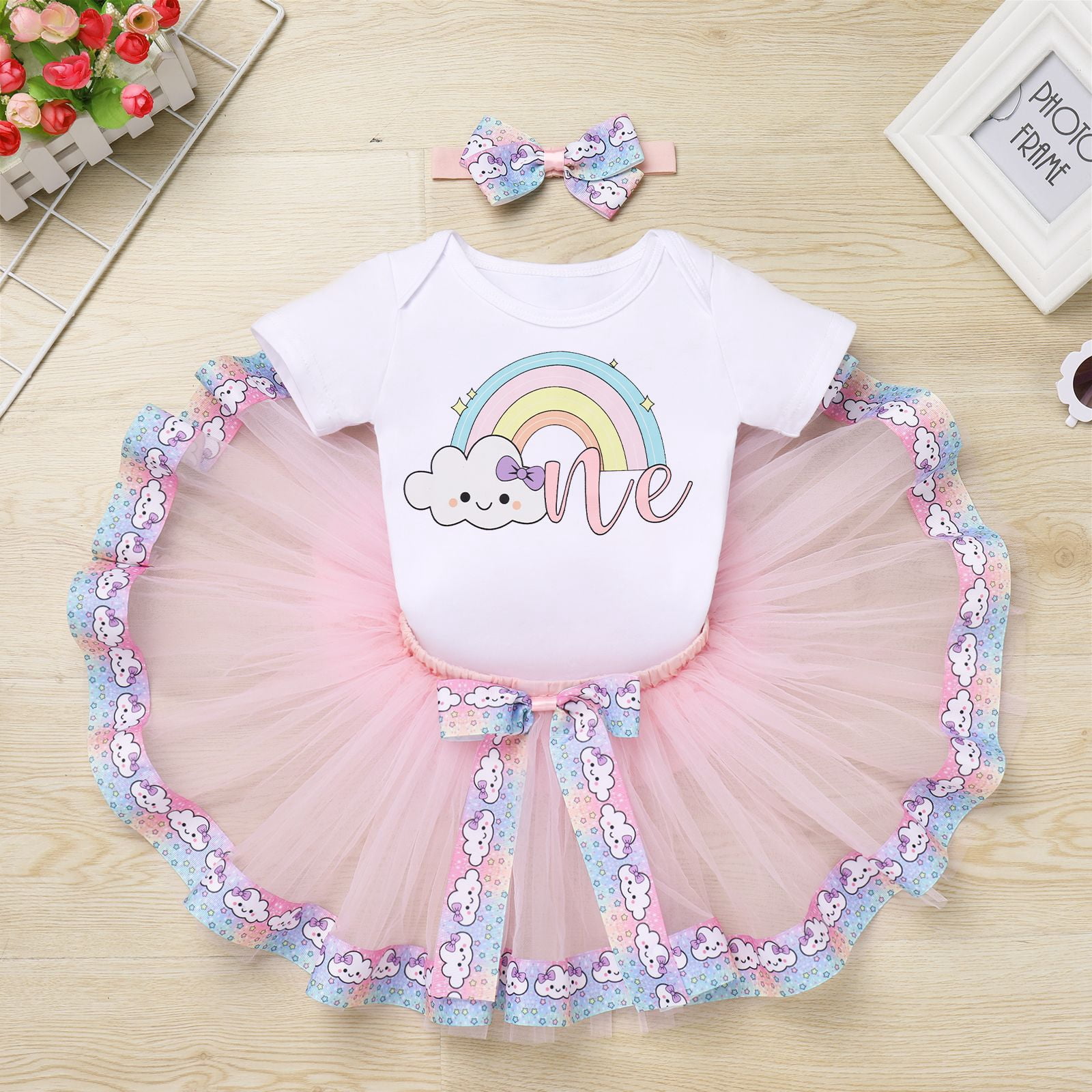 IBTOM CASTLE Infant Baby Girls 1st Birthday Outfits Short Sleeve Romper + Tutu Skirt + Headband 3PCS Set for Cake Smash Photoshoot 1 Year Pink