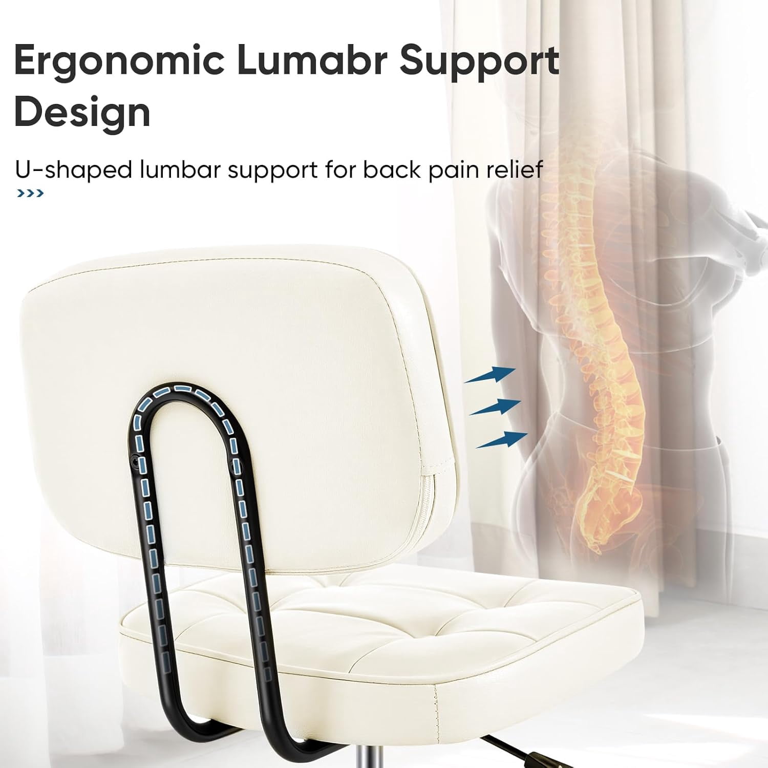 Armless Vanity Chair for Makeup Room, Small Desk Chair with Tufted PU Leather, Adjustable Height Rolling Computer Chair for Home Office & Dorm, Beige