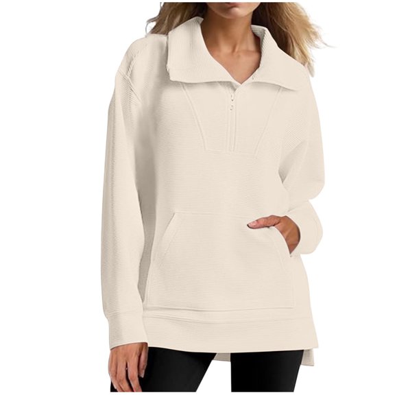 Women's Quarter Zip Tunic Sweatshirts Fashion Lapel Ribbed Knit Shirts Long Sleeve Pullover Casual Tops with Pockets (L, Beige)