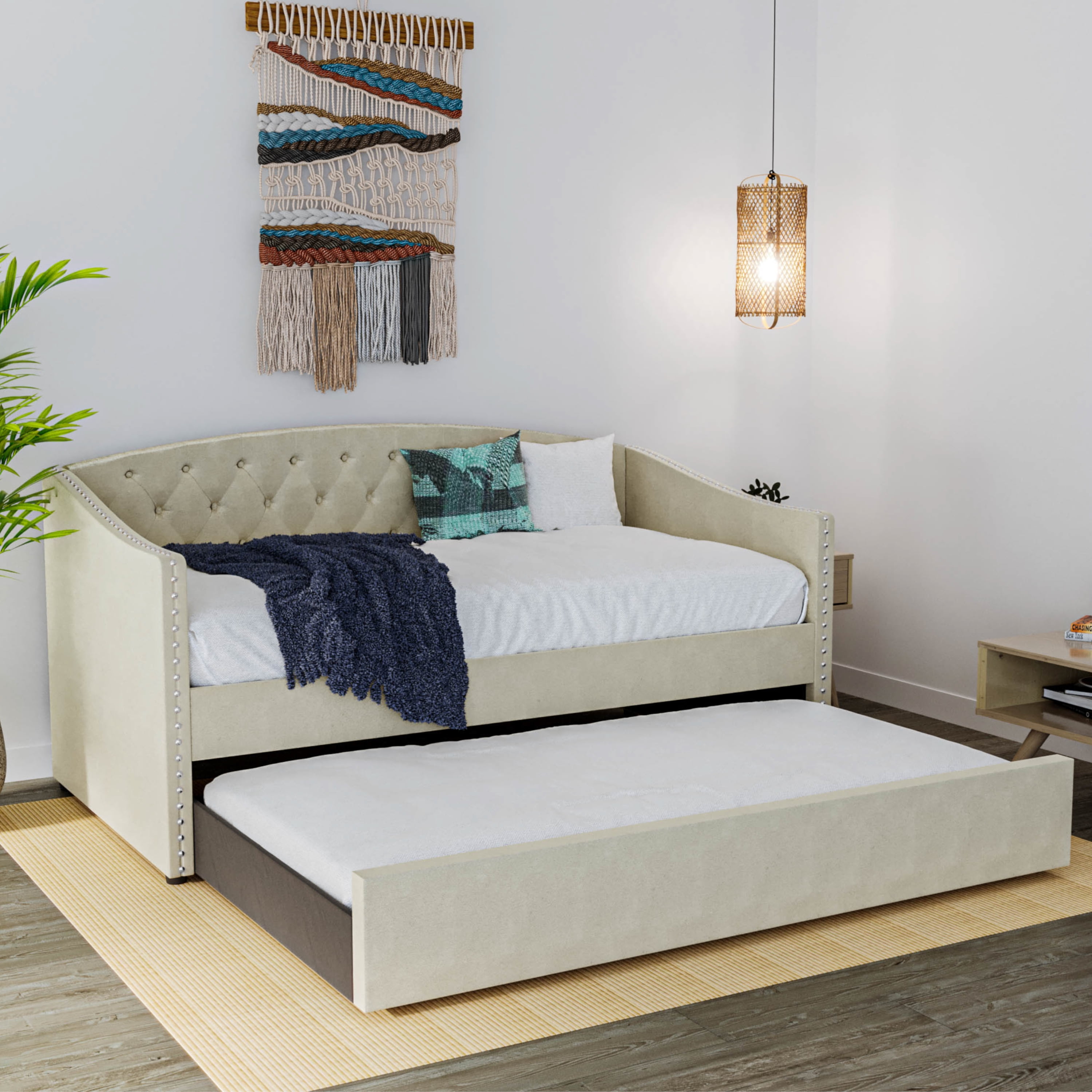 DG Casa Suva Traditional Upholstered Daybed with Trundle Platform Bed Frame with Diamond Button Tufting Nailhead Trim and Full Wooden Slats, Box