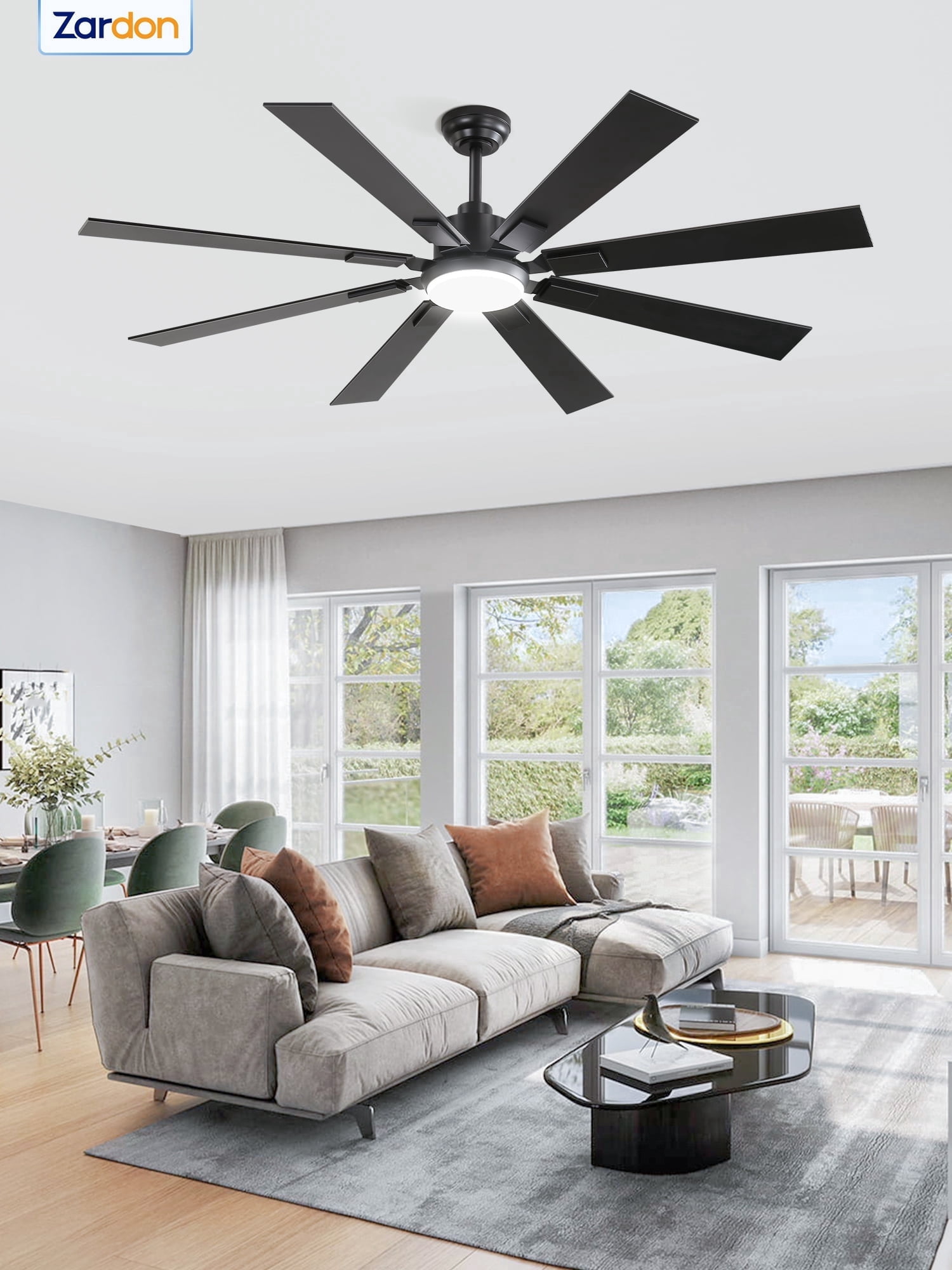 Zardon 62 inch Ceiling Fan with Light and Remote Control - Quiet DC Motor, 6 Speeds, Dual Finish Blades for Indoor Use - Black