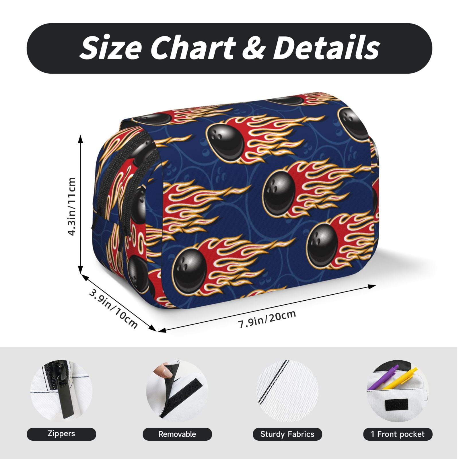Rateoe Bowling Ball And Flame Pattern Double Clamshell Pen Case, Storage Organizer with Two Zipper Compartments– Holds Up to 50 Pencils & Pens
