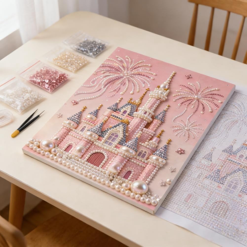 DIY Beaded Art Kit Castle Pearl Painting Textural Canvas Craft Set, 15.7in Creative Hobby Sparkling Wall Decor Gift for Home Art Lovers
