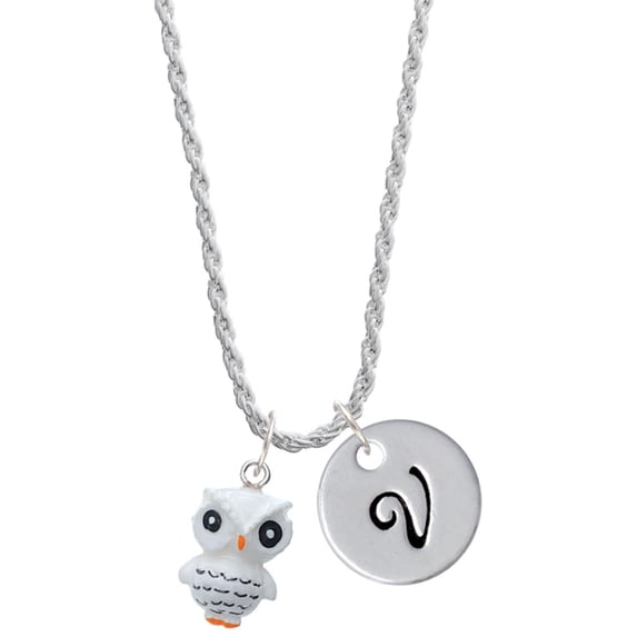 Delight Jewelry Resin White Snow Owl Silvertone Script Initial Disc - V - Charm Necklace, 20"+3"