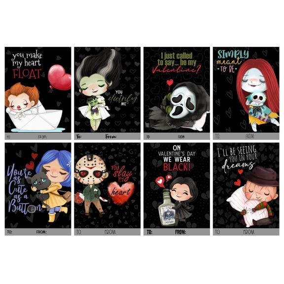 Classic Horror Scary Movie Character Themed Valentines Day Card School Classroom Exchange (Set of 24)